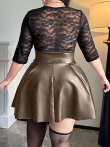 Vibekara Plus Size Sexy PU Leather A-Line Lace Patchwork Dress - Brown - View 2