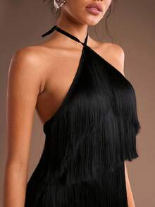 Glamine Women's Elegant Tassel Detail Halter Neck Party Dress Black Dresses For Women Black Fringe Top Fringe Dress Fringe Outfits Women Tassel Dress Black Fringe Dress - Black - View 3