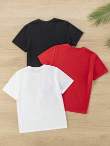 SHEIN Conjunto de 3 camisetas infantis masculinas, casuais e confortáveis, com estampa, modelagem solta, gola redonda e manga curta. 3 estilos diferentes, ideais para festas de aniversário, eventos noturnos, apresentações, casamentos, batizados, cerimônias de abertura, uso diário, escola, viagens e esportes na primavera e no verão. Conjunto de camisetas com inspiração coreana. - Multicolorido - Ver 3