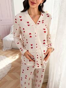 Moonlight&Mama 2pcs Casual Heart Print Maternity Pajama Set With Snap Button, Long Sleeve Top And Long Pants - Apricot - View 7