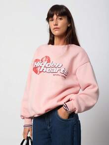 SURIMA 休闲简约印花圆领加厚宽松女式卫衣 - 淺粉色 - 查看 5