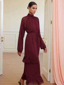 Revavyn Fashionable Design Sense High-End A-Line Chiffon Lantern Sleeve Long Sleeve Dress - Burgundy - View 5