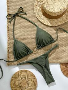 Swim Chiccia 女士纯色细肩带金属装饰丁字裤比基尼两件套泳衣，夏季海滩度假 - 軍綠色 - 查看 1