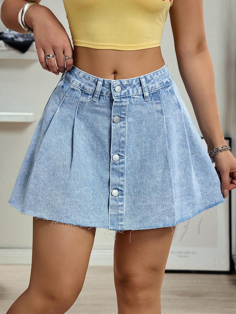 SHEIN Tall 高挑单排扣百褶纯色休闲牛仔裙 - 淺色水洗藍 - 查看 1