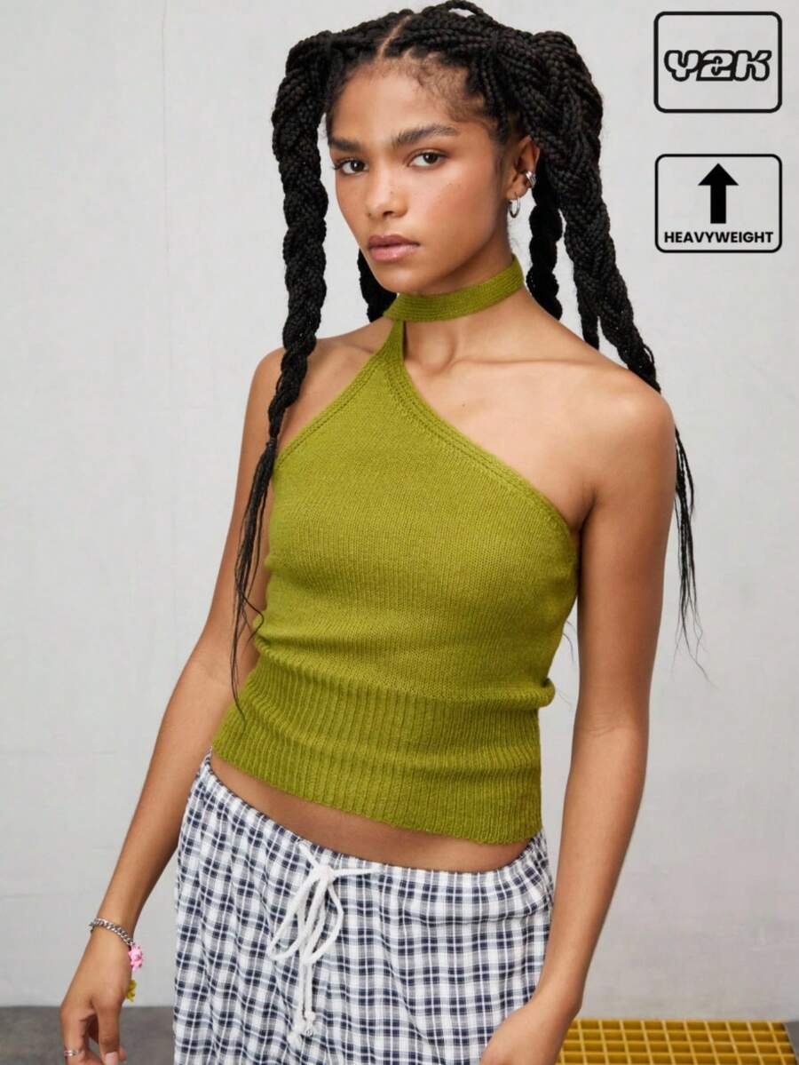 COUREZ 单肩针织上衣配围巾 / 上衣 / 夏季上衣 / 外出上衣 / 街头休闲 / 休闲音乐节度假 Y2K 复古风 - 橄欖綠 - 查看 1