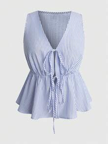 Sweetra Bộ 2 món áo không tay cổ bẻ in họa tiết kẻ sọc thêu và quần short cạp chun dáng casual dành cho nữ, thích hợp cho mùa xuân/hè. - Xanh và trắng - Xem 8