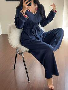 DAZY Women's Floral Embroidery Trim Sleepwear Set, Autumn/Winter - Navy Blue - View 8