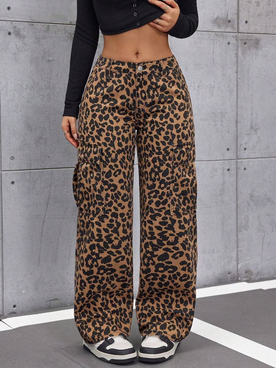 SHEIN Tall Quần jean denim nữ họa tiết da báo kiểu dáng thường ngày - Cà phê nâu - Xem 1