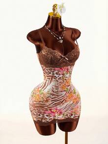 Amplova Lace Cup Detail Tropical Floral Mesh Bodycon Mini Dress Brown Lace Mesh Bow Sleeveless Leopard Print Zebra Print Lace Trim Mini Fitted Waist Dress - Multicolor - View 5