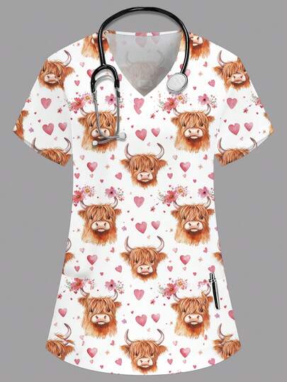 PopScrub Women's White V-Neck Short Sleeve Double Pocket Cute Farm Animal, Heart, Small Flower Cartoon Pattern Print Nurse/Doctor Work Uniform Top/Health Check Surgery Uniform/Solid Color Pet Grooming Work Uniform Top/Nutritionist Work Uniform Short Sleeve/Multi-Pocket Functional Lab Work Uniform, Functional Women's Holiday Outfit, Adorable, Casual