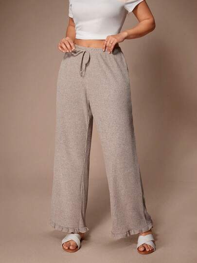 Lazeform Soft Ribbed Trim Drawstring Waist Ruffle Hem Casual Plus Size Lounge Pants/Pajama Bottoms