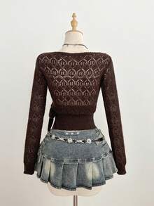 Elamini Women's Elegant Fashion Versatile Khaki V-Neck Oblique Collar Hollow-Out Knit Sweater Top, Spring/Summer - Coffee Brown - View 2