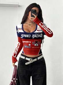 Coolane Casual Women Multicolor Deep V Neck Knitted Fabric Long Sleeve Letter Pattern T-Shirt Sporty Top - Multicolor - View 6