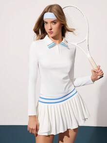 CourtClass Casual Versatile White Button Collar Contrast Blue Stripe Design Slim Fit Long Sleeve Sports Polo Shirt - White - View 6