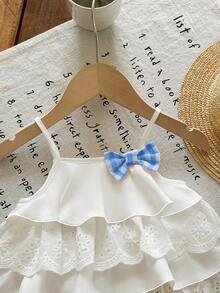 Babygirl Summer Cute Vacation Ruffle Camisole Top And Plaid Shorts Set - Blue - View 7