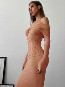 Aloruh Off-Shoulder Mesh Twist Ruched Dress, Romantic Date Night Gown With Long Sleeves - Dusty Pink - View 7