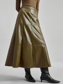 Ontre 2026春夏新款PU皮长款喇叭裙，都市通勤商务休闲风，适合OL、教师制服等场合，优雅大方，也适合情人节等场合，尽显夏日波西米亚风情。 - 軍綠色 - 查看 3
