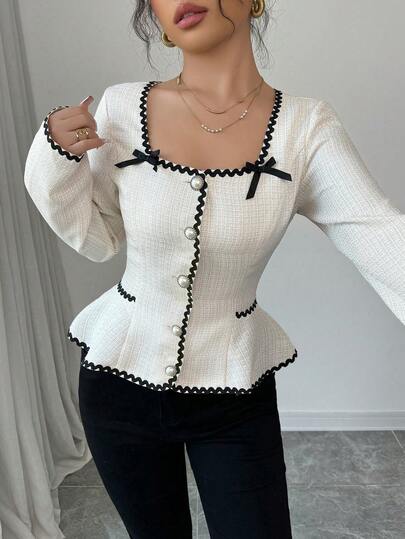 Selianne 女式优雅撞色饰边蝴蝶结装饰收腰衬衫，秋季