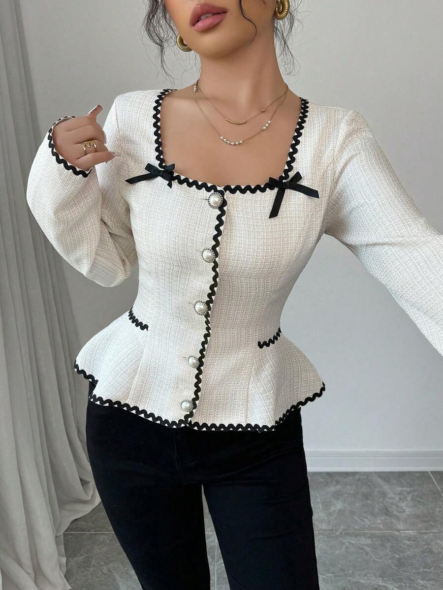 Selianne 女式优雅撞色饰边蝴蝶结装饰收腰衬衫，秋季 - 杏色 - 查看 1