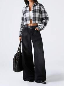 SHEIN EZwear 女士春秋落肩长袖方形短款格子衬衫 - 黑與白 - 查看 5