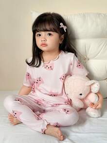 2pcs Kids/Young Girls Cute Bow Decor Ruffle Trim Round Neck Short Sleeve Top And Pants Knit Comfortable Fitted Pajama Set - Pink - View 4