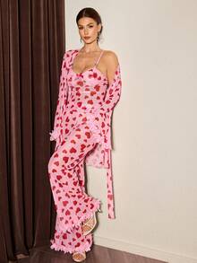 Slumberist 3pcs Sexy Red Heart Print Lace-Up Robe, Mesh Camisole And Shorts Set Red Heart Print Sleepwear Heart Print Pajama Set Two Piece Sleepwear Set Pink Heart Pajamas Pajamas Set Two Piece - Pink - View 3