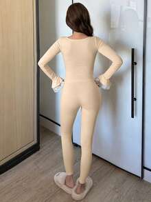 DAZY 2pcs Women Sleepwear Set, Contrast Color Lace Patchwork Slim Fit Pajama Top And Pants - Apricot - View 2