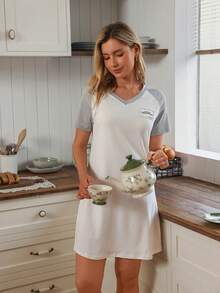 SHEIN Doze Lane 女士休闲撞色插肩袖V领套头T恤睡衣 - 白色 - 查看 7