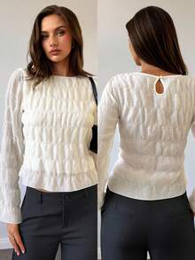 Aloruh Women's Elegant Chiffon Lace Patchwork Apricot Blouse Tops For Women Fall/Winter Tops White Top,Graduation,Teacher,Back To School,White Blouse - White - View 2