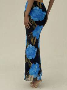 Aloruh New Floral Print Elastic Mesh Skirt, Romantic Orange Big Floral Holiday & Date Skirt - Multicolor - View 5