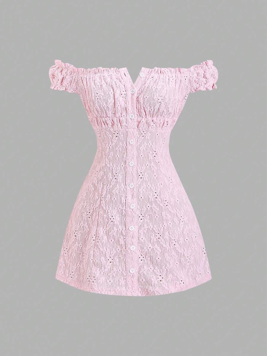 Sweetra Women's Sweet Jacquard Texture Hollow-Out Sexy Off-Shoulder Casual Fitted Dress, Spring/Summer