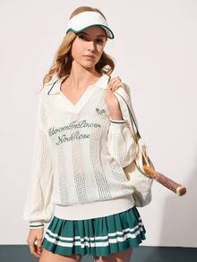 Women's Tennis Style Knit Sweater Top - White - View 1