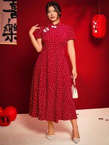 Elenzga Đầm chấm bi cỡ lớn, cài cúc phía trước, thích hợp cho Ngày Valentine. - Đỏ và trắng - Xem 7