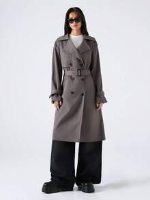 SHEIN EZwear 女士翻领双排扣长袖防皱时尚风衣，秋冬款 - 灰色 - 查看 1