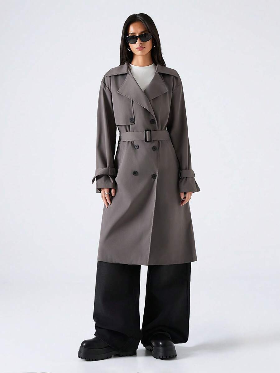 SHEIN EZwear 女士翻领双排扣长袖防皱时尚风衣，秋冬款 - 灰色 - 查看 1