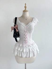 Elamini 花卉荷叶边花瓣袖纹理撞色条纹印花紧身短袖T恤，花卉饰边，甜美可爱，春夏款 - 彩色 - 查看 3