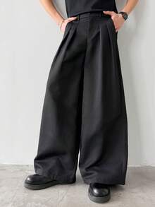 Claim Dot 男士水钻装饰斜插口袋褶皱宽松纯色长裤 - 黑色 - 查看 4