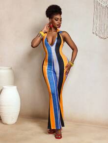 SHEIN BamGlam Women Sexy Contrasting Flare Leg Jumpsuit - Blue - View 3