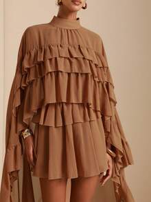 Vesra Women's Retro Elegant Ruffle Hem Brown Blouse - Brown - View 6