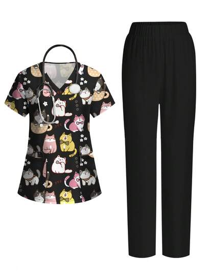 PopScrub 可爱猫咪涂鸦卡通印花女士V领短袖口袋护士服上衣和开衩裤套装，春夏款