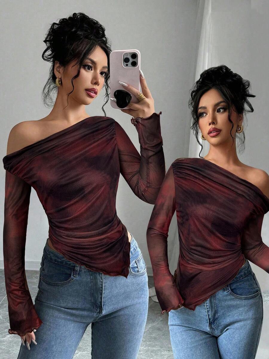 Firerie Áo thun nữ dài tay trễ vai ôm dáng, nhuộm tie-dye họa tiết hoa, tối giản và thời trang, phù hợp mặc hàng ngày, áo dài tay lưới họa tiết hoa, trang phục mùa xuân/hè/thu, thanh lịch, đi làm, thường ngày, tối giản, trang phục công sở. - Màu Đỏ Sâu - Xem 1