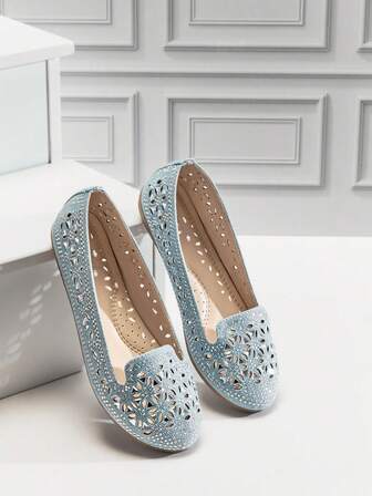 Mini mi Girls' Round Toe Full Rhinestone Flower Cutout Blue Loafer Flat– Elegant, Shiny & Perfect For Special Events