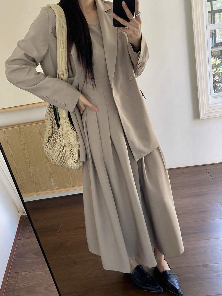 Women's Solid Color Lapel Collar Long Sleeve Jacket And Sleeveless Dress Casual 2-Piece Set