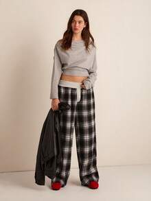Easelle Women's Button Designed Loose Casual Plaid Wide Leg Pants