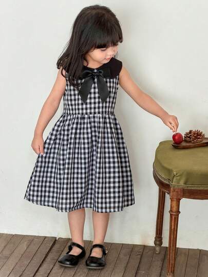 Young Girl Girls Casual Comfortable Plaid Patchwork Colorblock Sleeveless Midi Dress