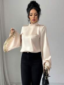 Selianne New Women's Glossy Fabric Stand Collar Flare Sleeve Cuff Gold Floral Trim Casual Commuter Vacation Elegant Blouse - Apricot - View 4