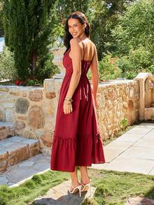 KARISMINA 女士红色蕾丝拼接吊带度假连衣裙，情人节连衣裙 - 酒紅色 - 查看 2