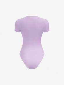 SHEIN BASICS Áo liền thân tay ngắn cổ tròn màu trơn, kiểu dáng thường ngày dành cho nữ. - Màu tím - Xem 2