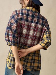 Bohemela 波西米亚风秋冬外套，女士复古休闲彩色格子拼接宽松衬衫，适合海滩度假、日常穿着、返校、外出、派对、圣诞节、新年等场合。 - 彩色 - 查看 5
