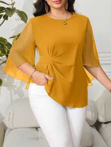 Reflora Plus Size Summer Elegant Commuter Solid Color Pleated Asymmetric Hem Blouse Fall - Yellow - View 1